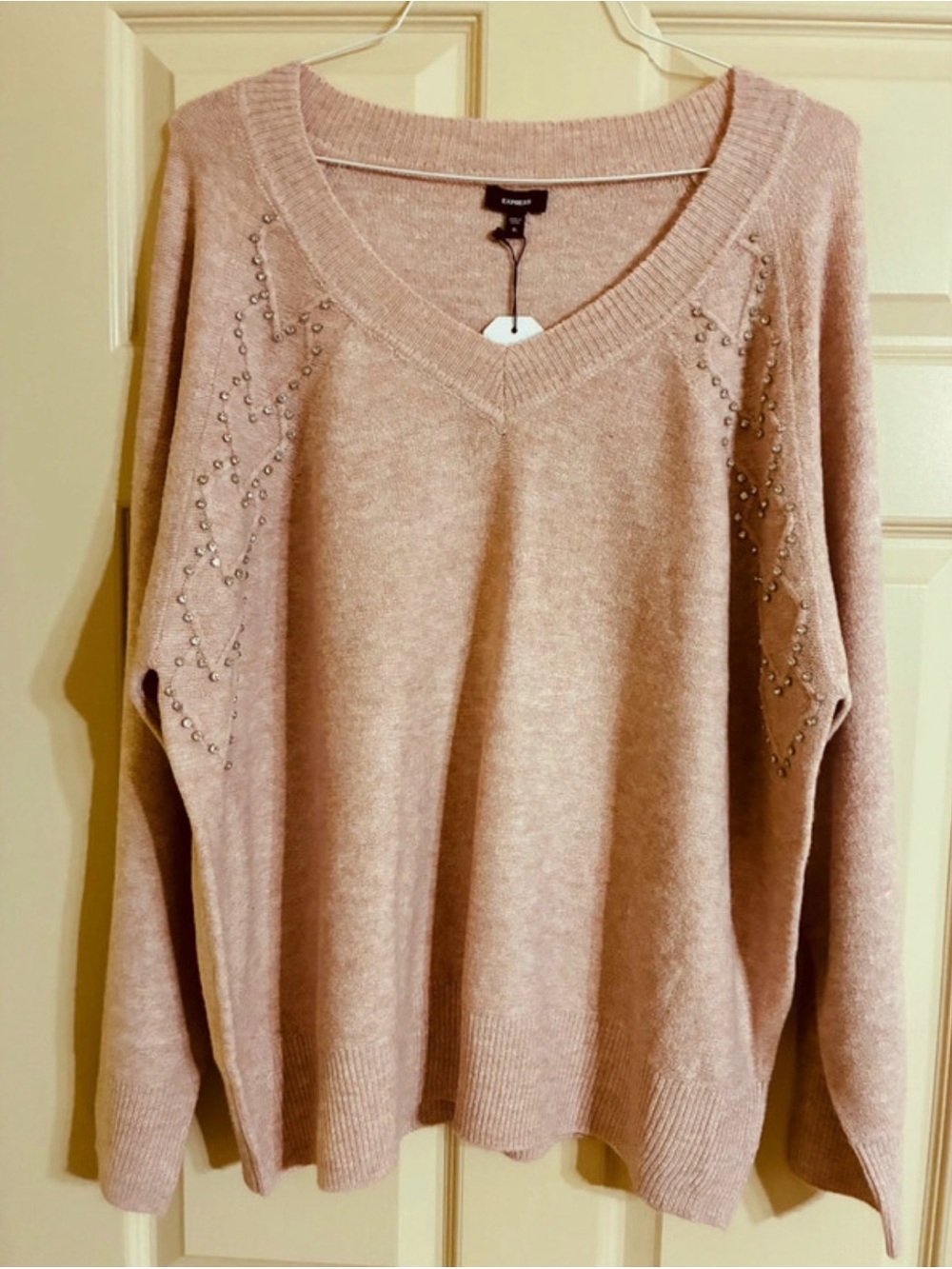 Express Blush Beaded V-Neck Sweater